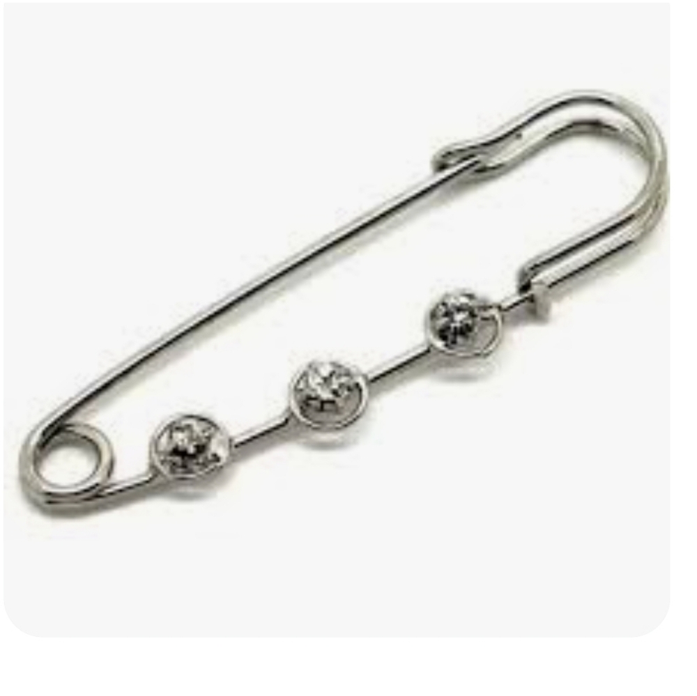Vintage Silvertone Safety Pin Brooch with 3 Crystal Accents
